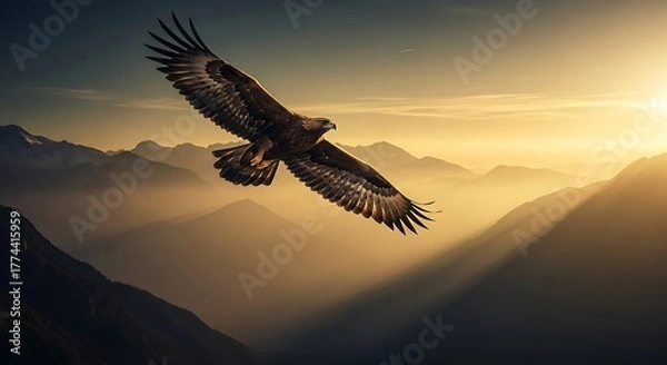 Fototapeta Golden Eagle Soaring High Above Misty Mountains At Sunrise A Breathtaking Wildlife Nature Spectacle A Majestic Bird In Natural Habitat