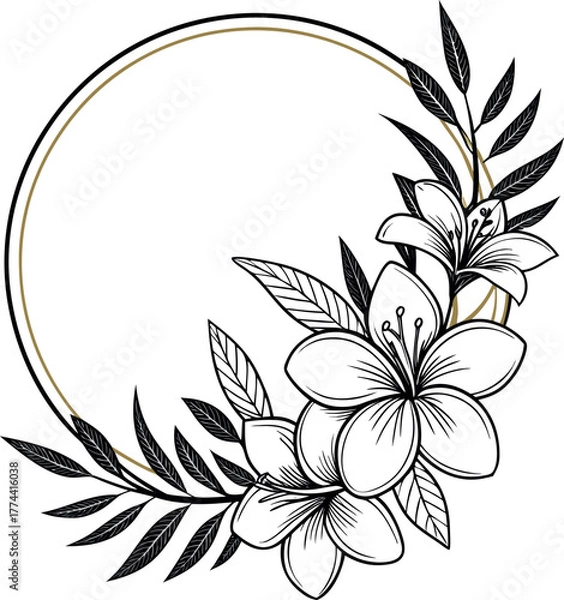 Fototapeta Elegant floral line art vector illustration featuring botanical design elements with leaves and blossoms, useful for invitations, logos, and decorative frames