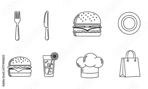 Fototapeta Food and Culinary Line Icons – Burger, Chef, Restaurant and Cooking Vector Set