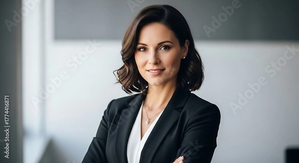 Fototapeta Confident Businesswoman In Formal Attire With Arms Crossed Smiling In Office A Professional And Empowering Corporate Portrait