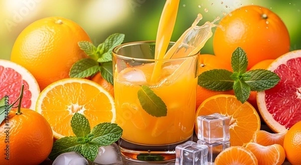 Fototapeta Fresh Orange Juice Pouring Into Glass Splashes Of Citrus Drink Surrounded By Oranges A Vibrant And Healthy Beverage Scene