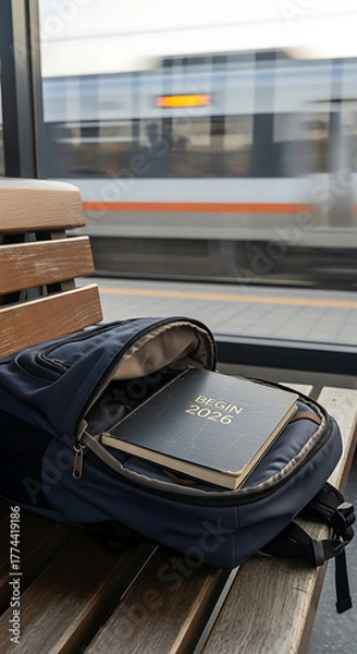 Fototapeta Backpack with notebook on a bench at the train station waiting