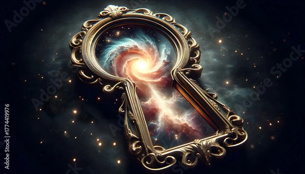 Obraz Ornate Crystal Keyhole Portal with Swirling Galaxy Interior and Drifting Light Particles on Deep Space Background