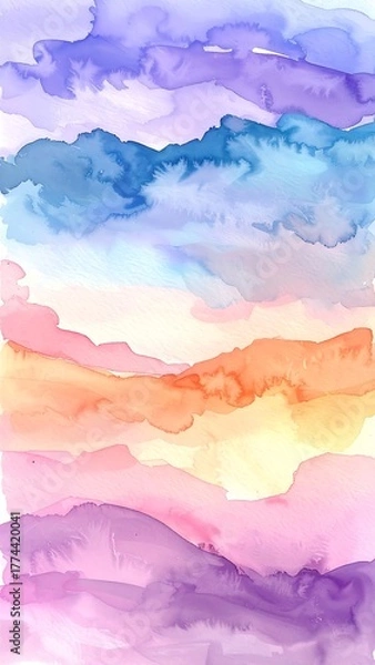 Fototapeta A vibrant watercolor landscape with soft gradients of pink, orange, blue, and purple hues