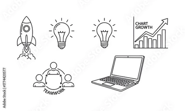 Fototapeta Business Strategy and Growth Line Icons – Teamwork, Analytics and Idea Concept Set