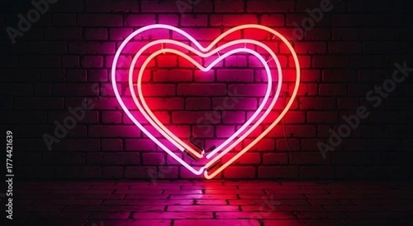 Fototapeta Neon heart sign glows brightly on dark brick wall background creating vibrant visual effect night environment
