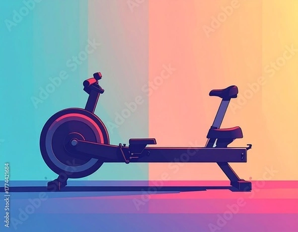 Fototapeta Side profile of a modern indoor rowing machine against a vibrant, colorful gradient background.