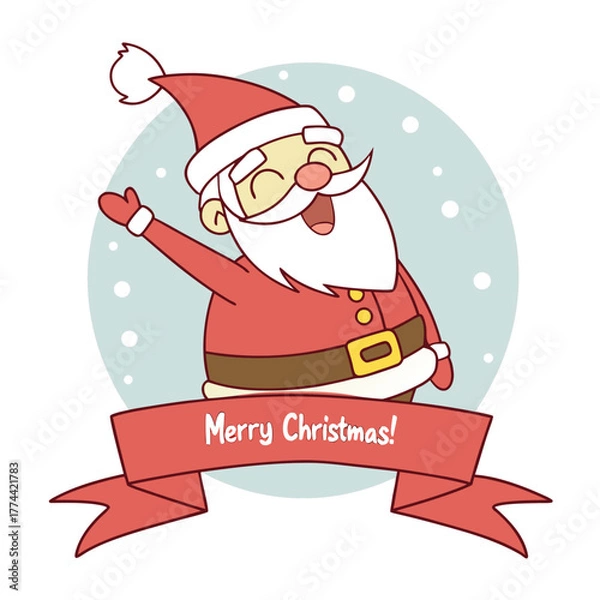 Obraz Cute Santa Claus Cartoon Illustration with “Merry Christmas” Banner and Snow Background — Festive Holiday Greeting Vector