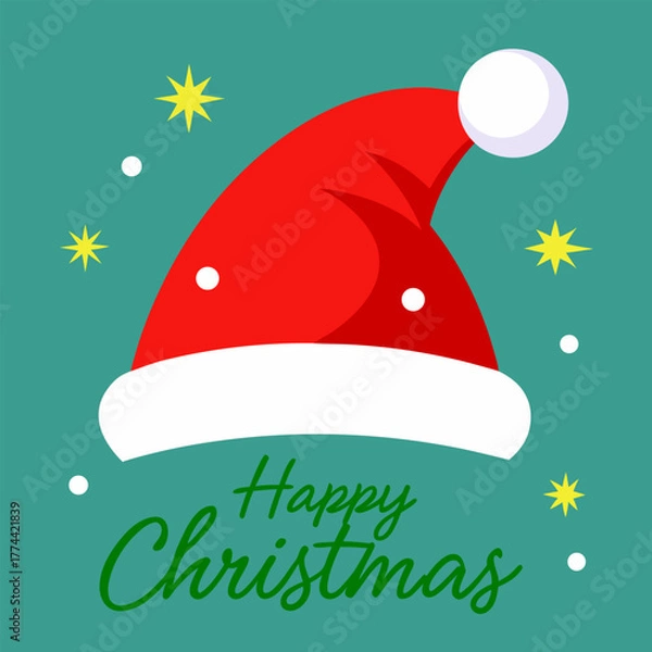 Fototapeta Happy Christmas Typography Design with Santa Hat, Bells, and Tree — Festive Holiday Greeting Vector Illustration