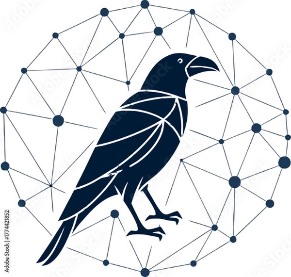 Obraz Silhouette of a crow inside a geometric network of connected dots forming a circular structure