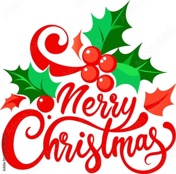Fototapeta Merry Christmas Typography with Holly Leaves and Red Berries — Elegant Script Holiday Greeting Vector on Transparent Background