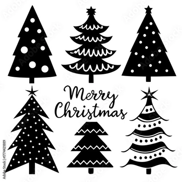 Fototapeta Black Christmas Tree Icon Set — Six Minimalist Tree Designs for Holiday Decoration, Stencil, and Vector Art