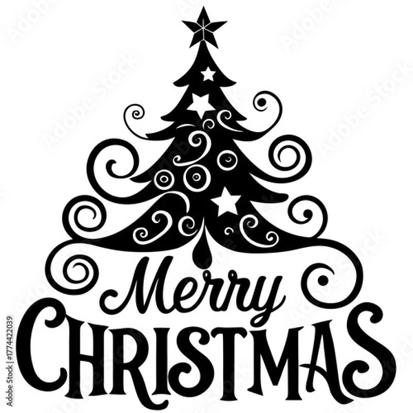 Fototapeta Merry Christmas Swirly Script with Christmas Tree - Vector Design