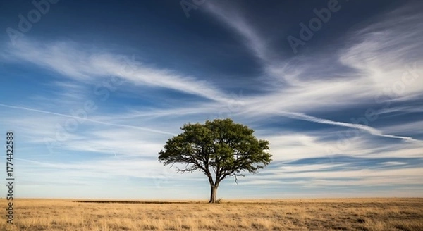 Fototapeta Solitary tree standing in vast dry field, expansive blue sky with wispy clouds, calm natural landscape