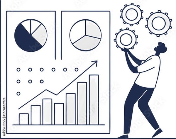 Obraz Person holding gears next to a chart with pie graphs and bar graphs showing upward trend analysis