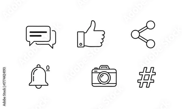 Fototapeta Social Media and Communication Line Icons – Like, Chat and Camera Vector Set