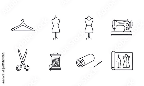 Fototapeta Set of textile and garment production icons such as sewing machines, rolls of fabric, mannequins, scissors, thread, measuring tape, and sewing equipment
