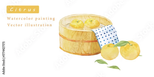 Obraz ゆずとお湯の水彩ベクターイラスト