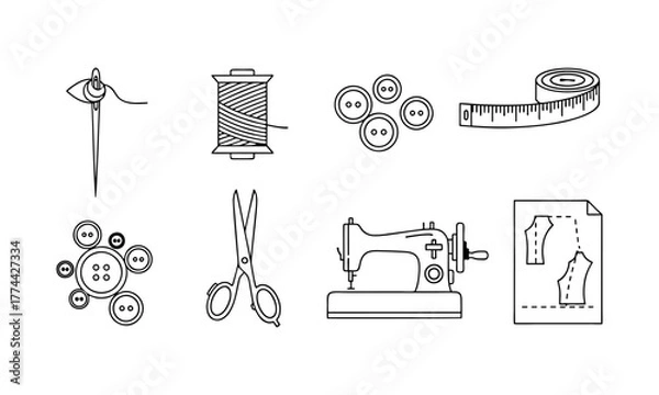 Fototapeta Set of textile and garment production icons such as sewing machines, rolls of fabric, mannequins, scissors, thread, measuring tape, and sewing equipment