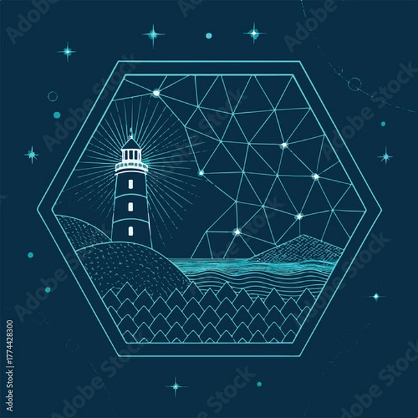 Obraz Geometric lighthouse illustration with night sky and ocean waves