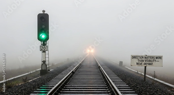 Fototapeta Train Tracks Disappearing into Fog with Green Light and Sign