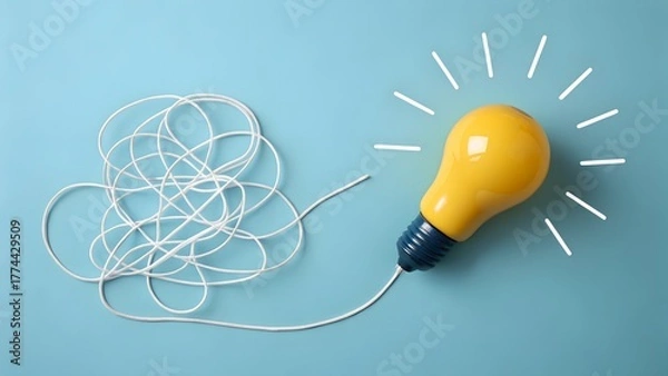 Fototapeta Transforming chaos into brilliance a vibrant yellow lightbulb illuminating clarity after tangled confusion represents innovation and problem solving