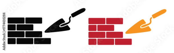Fototapeta brick wall and trowel icon, simple flat style, illustration, logo sign symbol pictogram template, for ui or ux isolated on white for mobile app, editable