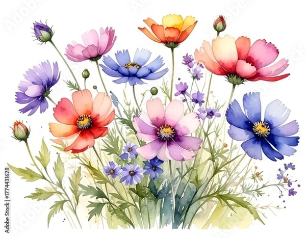 Obraz A vibrant watercolor painting of colorful wildflowers, buds, and delicate green foliage
