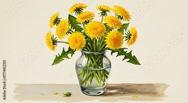 Obraz A vibrant watercolor painting of dandelions in a transparent vase on a neutral background