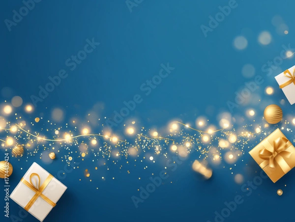 Obraz Gold gift boxes on dark blue background, top view. Christmas background with gold gifts, surrounded by gold glitter and ornaments. Holiday design in flat lay style with copy space
