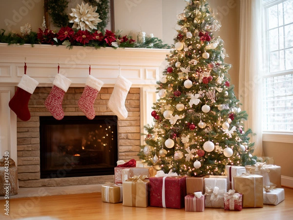 Fototapeta Living room decorated with Christmas decorations on Christmas Eve. Group of gift boxes in beautiful packaging. Christmas tree with string of lights and ornaments. Fireplace with blazing fire