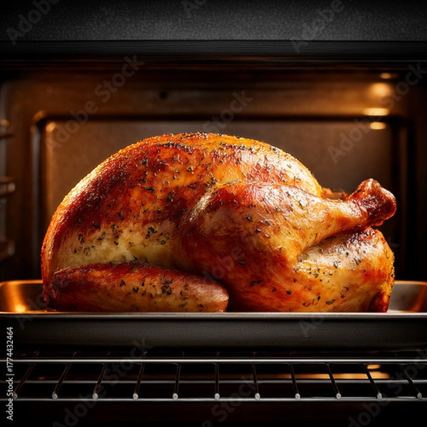 Obraz Close-up of juicy roasted turkey in baking pan after broiling in oven cavity. Open modern oven with roasted whole Christmas turkey inside. Traditional holiday meal for Thanksgiving and Christmas