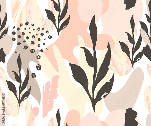 Obraz Abstract seamless pattern. Hand drawn textures . Brushstrokes in pastel colors and tree branches.Vector.  Covers, Flyers, banners, presentations, books, notebooks.