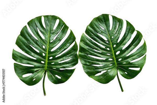 Fototapeta Two vibrant green monstera leaves are isolated against a stark black background, showcasing their unique fenestrations