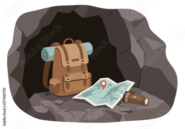 Obraz Backpack Map and Flashlight in Cave Illustration.