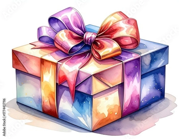 Obraz A vibrant, watercolor-style gift box, intricately wrapped with a colorful bow
