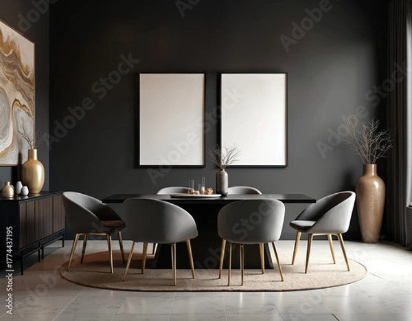 Fototapeta Modern dark dining room features large table and grey chairs. Two empty white frames hang on wall. Large abstract artwork is on left wall. Luxurious and elegant interior design with stylish furniture.