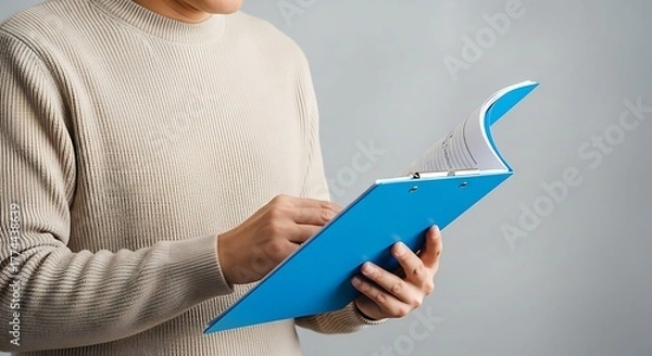 Fototapeta Close up of a person wearing a textured sweater holding and reading a bright blue folder or binder with a curved page on a neutral background