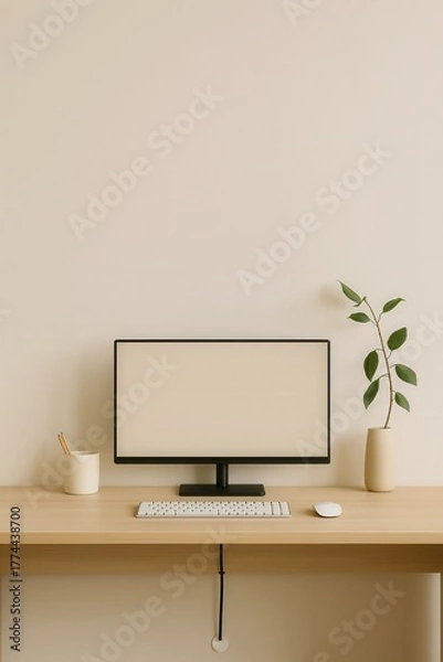 Fototapeta Minimal beige desk setup with monitor and cable management