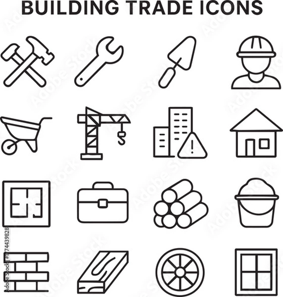 Fototapeta Building trade related icon collections. Containing tools, construction, material, crane, site, worker, structure, plan, equipment, and bricks icons. Outline icons.