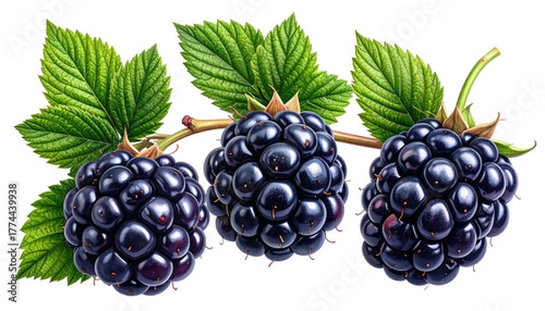 Obraz Three glossy, dark blackberries hang from a brown stem with vibrant green leaves against a transparent backdrop