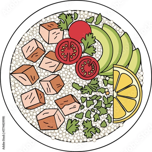 Fototapeta A colorful and healthy poke bowl with quinoa, chicken, avocado, tomatoes, and lemon.