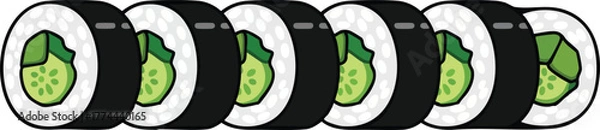Fototapeta A row of seven cartoon-style sushi rolls with cucumber filling, presented on a white background.