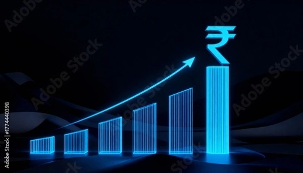 Obraz Indian Rupee Symbol on a Glowing Blue Financial Bar Chart of Growth