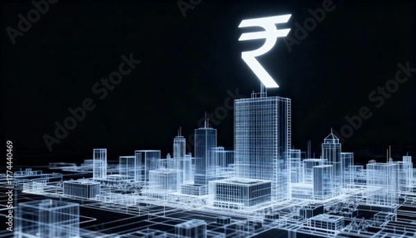 Obraz Futuristic 3D Hologram of an Indian Rupee in a Metropolitan City
