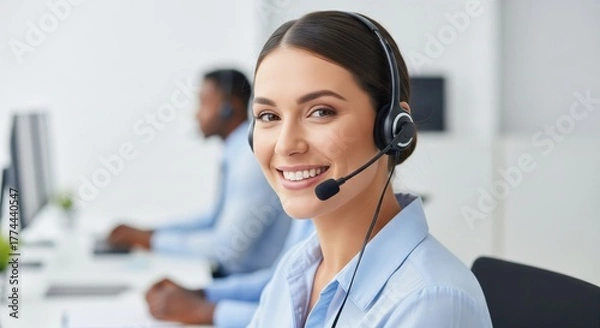 Obraz A call center representative wearing a headset, smiling while providing friendly customer support, positive and welcoming facial expression, professional workplace setting, smooth soft-focus backgroun