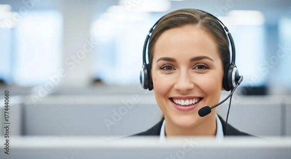 Fototapeta A call center representative wearing a headset, smiling while providing friendly customer support, positive and welcoming facial expression, professional workplace setting, smooth soft-focus backgroun