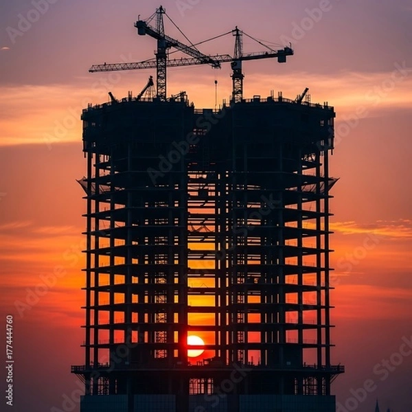 Obraz Silhouette of a towering building under construction with cranes against a vibrant sunset sky.