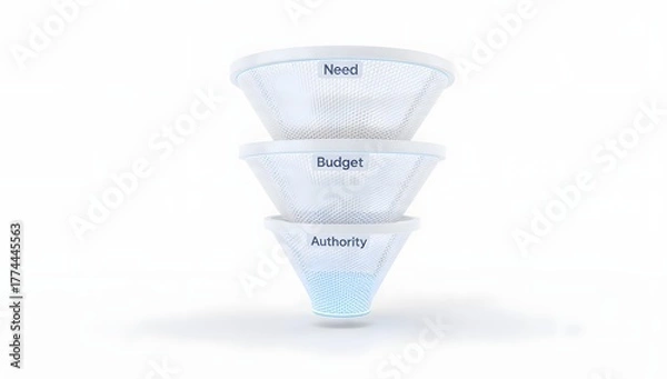 Fototapeta Business decision funnel concept showing need, budget, and authority stages for effective marketing strategy and buyer journey.