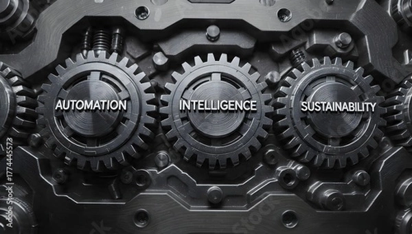 Fototapeta Interconnected gears symbolize automation, intelligence, and sustainability within a high-tech industrial machinery system for efficient production